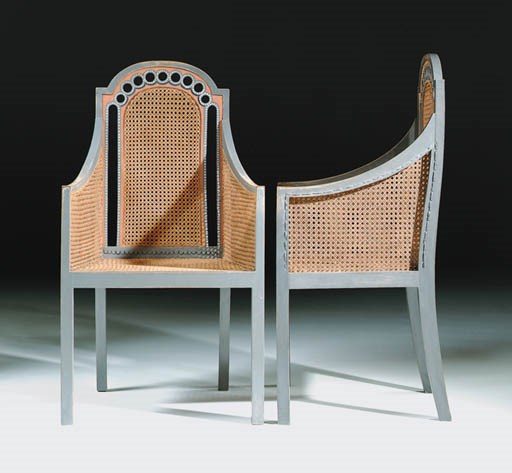 A pair of Omega Workshops grey painted armchairs