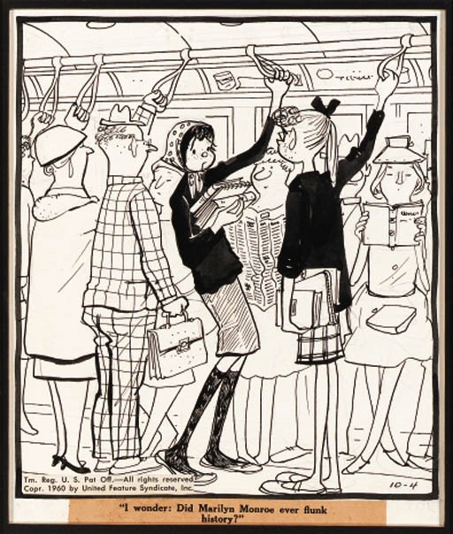 AN ORIGINAL PENCIL AND INK CARTOON DRAWING OF TWO GIRLS ON SUBWAY