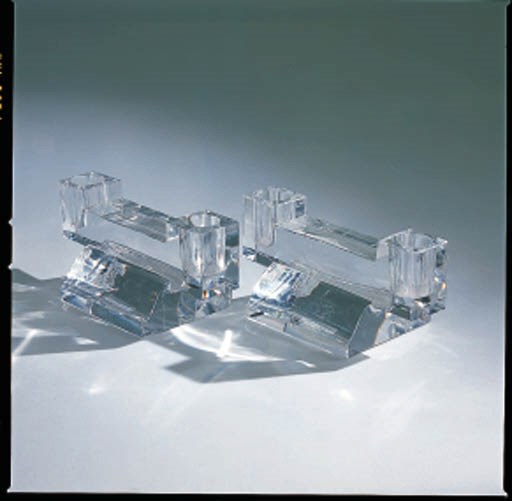 PAIR OF MODERNE CUT COLORLESS GLASS TWO LIGHT CANDELABRA
