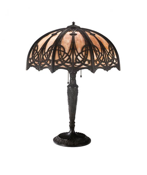 A CAST-METAL AND STAINED GLASS TABLE LAMP