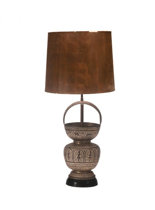 AN INDIAN HAMMERED BRASS VESSEL MOUNTED AS A LAMP
