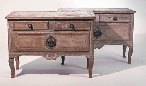 A PAIR OF LOUIS XV PROVINCIAL STYLE GREY AND CREAM-PAINTED BEDSIDE TABLES