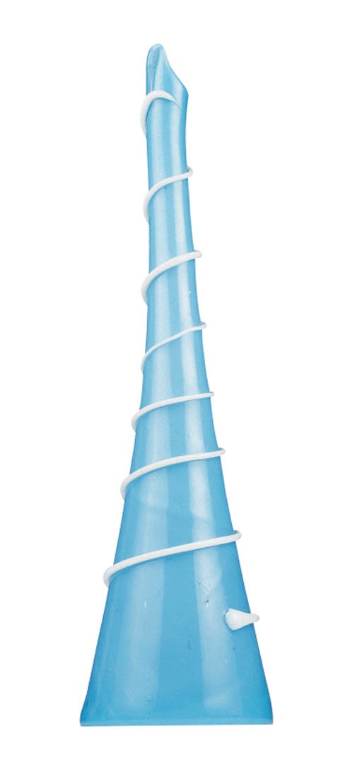 A TURQUOISE BLUE AND WHITE GLASS TRUMPET VASE