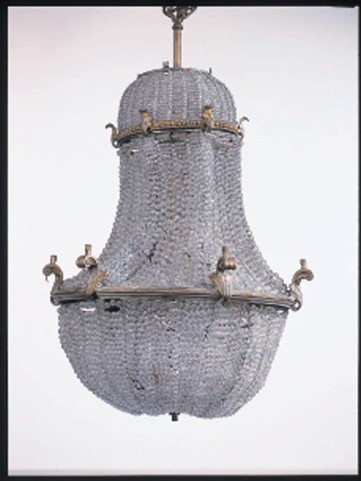 A BRASS AND CUT-GLASS BELL-SHAPED CHANDELIER