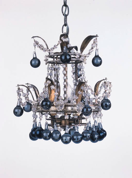 A NEOCLASSIC STYLE GREEN AND COLORLESS GLASS AND GILT METAL CHANDELIER