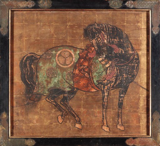 AN ORIENTAL GILT AND PAINTED WOOD PANEL