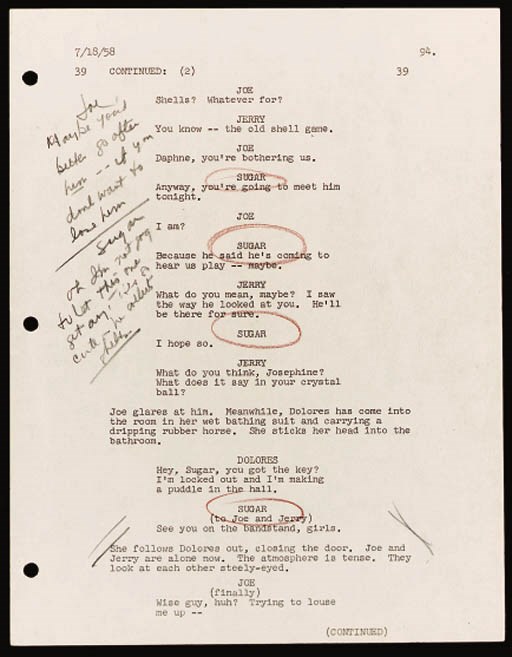 SOME LIKE IT HOT Screenplay by Billy Wilder & I.A.L. Diamond. Mimeograph typescript, 156 pages.