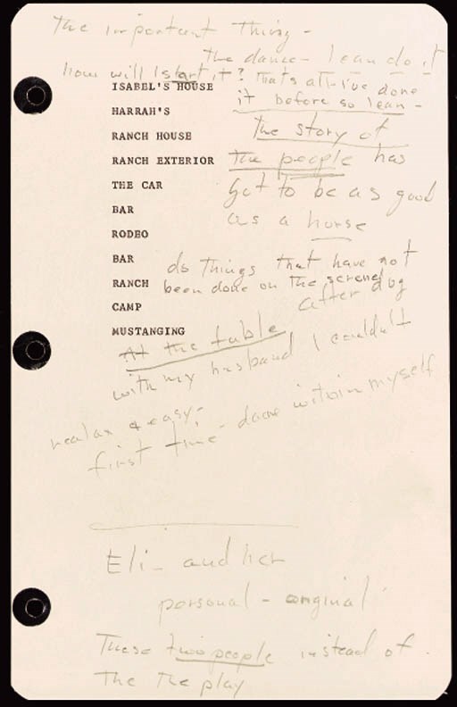 THE MISFITS Autograph notes, in pencil on a sheet bearing a typed list of the scenes where the action wehre the action in The Misfits, a sheet from a three-ring binder.