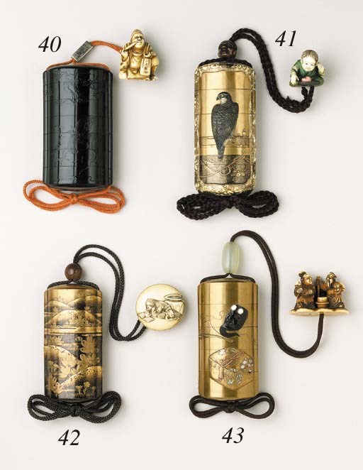 A Four-Case Lacquered-Ivory Inro and a Netsuke**