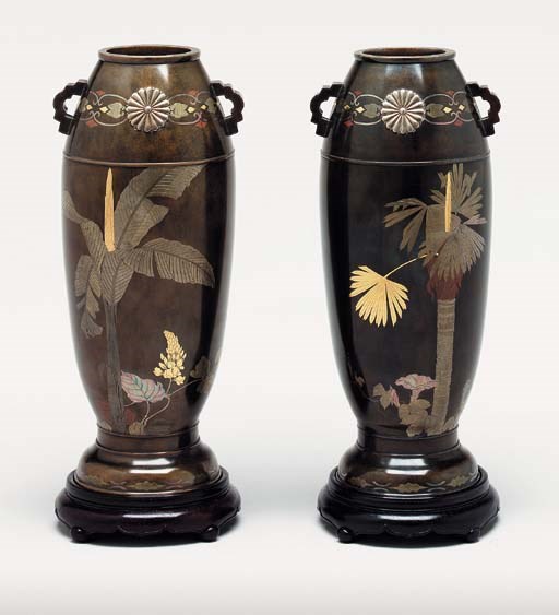 A Pair of Inlaid-Bronze Vases