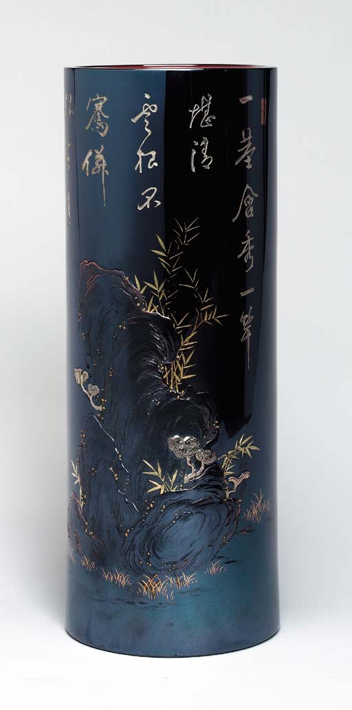 A Tall and Engraved Shakudo Flower Vase