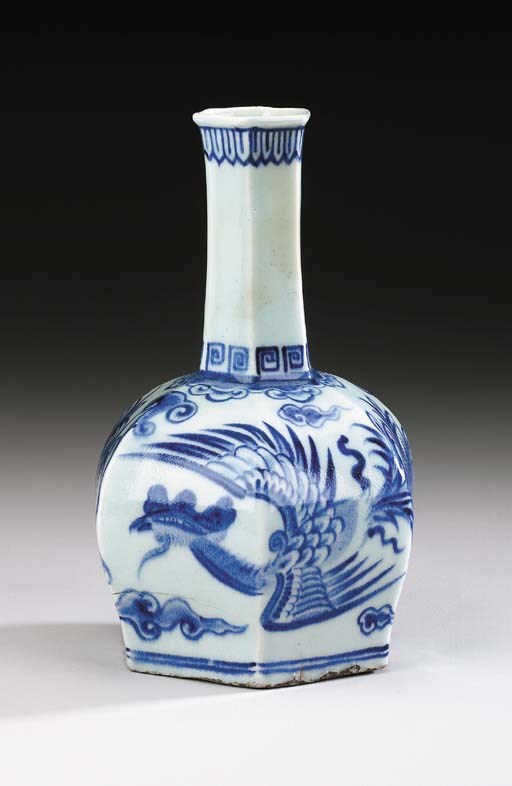A Blue and White Hexagonal Porcelain Bottle