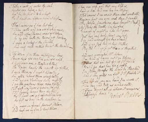 BURNS, Robert (1759-1796). Autograph manuscript signed ("Robert Burns"), of his satirical poem "The Inventory" (here without title), subtitled "Answer to a Mandate sent by the surveyor of windows, carriages, &c to each farmer, ordering them to send a signed list of their horses, servants, wheel carriages, &c and whether they were married men or bachelors, and what children they had" ("Sir, as your mandate did request..."), numbered "C v  2 fol 293" before first line of text, n.p., n.d. [22 February 1786].