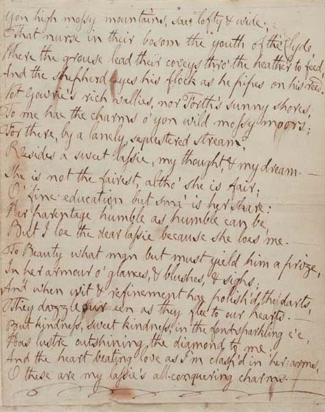 BURNS, Robert. Autograph manuscript of the poem "Yon high mossy mountains, sae lofty & wide...," comprising 5 four-line stanzas, n.p., n.d. [ca. 1787?]. 1 full page, 4to, neatly hinged to a guard and bound (with a related letter of 1829, see Provenance) in burgundy morocco gilt, by Sangorski & Sutcliffe.