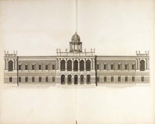 CAMPBELL, Colen (1676-1729). Vitruvius Britannicus, or the British Architect, Containing the Plans, Elevations, and Sections of the Regular Buildings, both Publick and Private, in Great Britain ... In III Volumes. London, [circa ?1751]. Three volumes. -- [Continued as:] WOOLFE, John (d. 1793) and James GANDON (1742-1823). Vitruvius Britannicus, or the British Architect; Containing the Plans, Elevations, and Sections; of the Regular Buildings Both Public and Private, in Great Britain. Comprised in One Hundred Folio Plates, Engrav'd by the Best Hands. [London], 1767-1771. Two volumes.