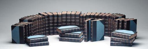CHURCHILL, Sir Winston S. (1874-1965). AN EXTENSIVE COLLECTION OF 28 FIRST EDITIONS, FINELY BOUND. All London. Comprising: The Story of the Malakand Field Force. 1898. Woods A1a. -- The River War. 1899. Two volumes. Woods A2a. -- Savrola. 1900. FIRST ENGLISH EDITION. Woods A3b.-- London to Ladysmith. 1900. Woods A4. -- Ian Hamilton's March. 1900. Woods A5. -- Lord Randolph Churchill. 1906. Two volumes. Woods A8a. -- My African Journey. 1908. Woods A12. -- Liberalism and the Social Problem. 1909. Woods A15. -- The World Crisis. 1923-1931. Six volumes. Volume III, part 2 with errata slip. Woods A31a. -- My Early Life. 1930. First issue. Woods A37a. -- Thoughts and Adventures. 1932. Woods A39a. [Bound with:] Painting as a Pastime. 1948. Woods A125. -- Marlborough. 1933-38. Four volumes. FIRST TRADE EDITION. Woods A40a. -- Great Contemporaries. 1937. Woods A43a. -- Arms and the Covenant 1938. Woods A44a. -- Step by Step. 1939. Woods A45. -- Into Battle. 1941. Woods A66a. -- The Unrelenting Struggle. 1942. A89. -- The End of the Beginning. 1945. Woods A94. -- Onwards to Victory. 1944. Woods A101. -- Dawn of Liberation. 1945. Woods A107. -- Victory. 1946. Woods A112. -- The Second World War. 1948-54. Six volumes. FIRST ENGLISH EDITION. Woods A123b. -- The Sinews of Peace. 1948. Woods A124. -- Europe Unite. 1950. Woods A128. -- In the Balance. 1951. Woods A130. -- Stemming the Tide. 1953. A137. -- A History of the English Speaking Peoples. 1956-1958. Four volumes. Woods A138a.

Together 45 volumes, various 8o (175/222 x 108/151 mm). Illustrations throughout, including portraits, maps, charts, plans, views, some folding, some in color. (Occasional scattered pale spotting, but generally a very clean set.) Uniformly bound in modern dark blue half morocco, pale blue cloth boards, t.e.g., by Bayntun.

A VERY FINE COLLECTION OF CHURCHILL'S BOOKS, INCLUDING ALL OF HIS MAJOR WORKS. The set begins with Churchill's first book, The Story of the Malakand Field Force, made up of dispatches he wrote in India for the Daily Telegraph and Allahabad Pioneer while serving under General Sir Bindon Blood. The set continues through to his final work, A History of the English Speaking Peoples. The consummate statesman, Churchill was also a fine writer, as evidenced by the quantity of important works here represented: the haunting account of the reconquest of the Sudan in The River War, his biographies of his father, Lord Randolph Churchill, and Marlborough, and his memoirs of the World Wars, The Great Crisis and The Second World War. 	 (45)