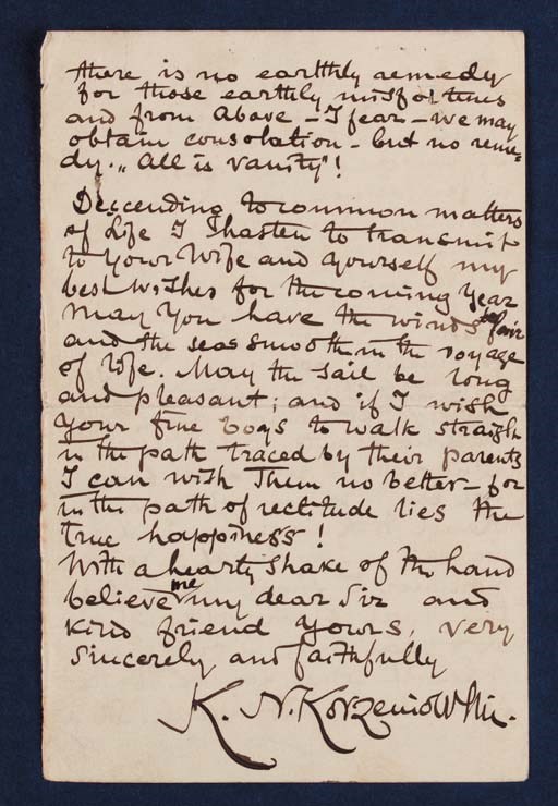 CONRAD, Joseph (1857-1924). Autograph letter signed ("K.N. Korzeniowski," his Polish name) to [Joseph Spiridion Kliszczewski in Cardiff, Wales]; written during a six-week stay in port at Calcutta on a homeward bound voyage from Singapore, 19 December 1885. 6 pages, 8vo, in dark brown ink, an inch split in a vertical fold, light wear at a horizontal fold, several tiny pinholes (mostly marginal, but one touching a letter); with typed transcript.