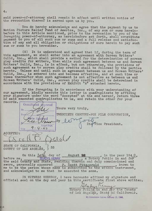 FITZGERALD, F. Scott. Typed contract signed ("F. Scott Fitzgerald") between Twentieth Century-Fox Film Corporation and Fitzgerald for his services as a "scenario writer" for the four-week period 26 August through 22 September 1940; Beverly Hills, actually signed 30 August 1940. 4 pages, 4to, original ribbon copy, single-spaced, in original pale blue wrappers, stapled; studio typing and handwritten notes and a stamp on front cover; signed by Fitzgerald, two studio executives, and a notary public on the fourth page.
