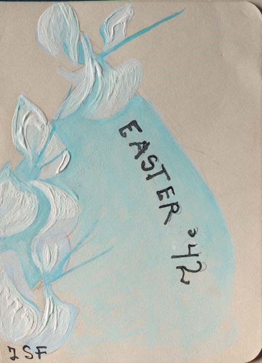 FITZGERALD, Zelda. Original hand-painted Easter card by Zelda Fitzgerald, 150 x 110 mm, a white flower against a sky blue background, oil and watercolor on thick paper, lettered in black ink: "Easter '42," and signed with initials at lower left corner: "FSF." Probably done while living at her mother's house in Montgomery, Alabama.