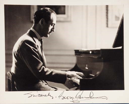 GERSHWIN, George (1898-1937).  Photograph inscribed and signed ("Sincerely, George Gershwin," with a bold flourish), n.p., n.d. [late 1920s?].  208 x 253 mm. (8 x 10 in.) including margins. Boldly inscribed in fountain-pen in lower blank margin "Sincerely George Gershwin."  In superb condition, clear and unfaded.