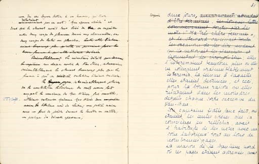 GIDE, André (1869-1951). Autograph manuscript of his French translation of Joseph Conrad, Typhoon ("Le Typhou"), the working draft, with numerous corrections and revisions throughout. [Paris, 1917-1918]. 236 pages, 4to, written in ink on rectos (many with rewritings or additions on the versos), in two notebooks of lined paper, each with neat numbering by the author; the notebooks in cloth-backed boards, contained in a quarter blue morocco chemise, spine gil-lettered matching slipcase.