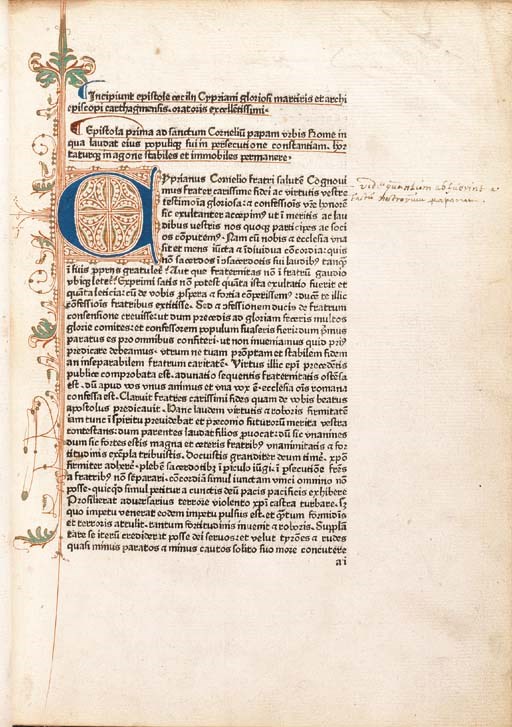 CYPRIANUS, Thascius Caecilius (Saint, d. 258). Opera. [Deventer: Richardus Pafraet, between 1477 and 1479].