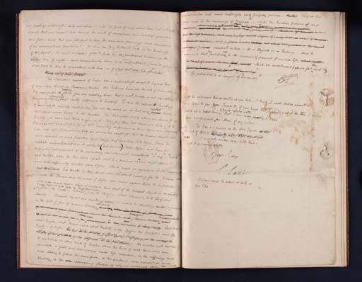 LAMB, Charles (1775-1834). Autograph manuscript signed ("C L," with postscript signed "C Lamb") of an essay "On the Secondary Novels of Defoe," with extensive deletions and revisions by the author, sent as a letter with postscript addressed to "Dear W.,"  n.p., n.d. [postmarked 28 May 1829]. 2½ pages, folio, closely written, page 4 with address panel in Lamb's hand to "Walter Wilson Esq." in Bath, bound in tan straight-grained morocco gilt. -- [LAMB, Charles]. Portrait in ink and gray watercolor washes, with caption, "C.L.1802," beneath, by an unidentified artist, 93 x 77mm (3 5/8 x 3 7/8 I, bound with the preceding, accompanied by a letter from Bernard Quaritch, 23 August 1895, 1 page, 4to, offering the portrait to collector Dean Sage of Albany, New York. A good early profile of the author, delicately rendered, formerly in the possession of the publisher Moxon.