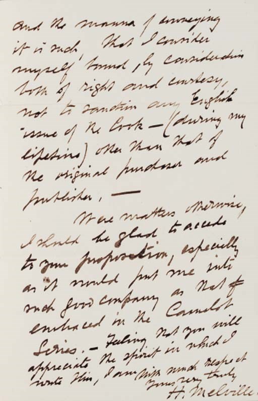 MELVILLE, Herman. Autograph letter signed ("H. Melville") to Henry Stephens Salt in London; 104 East 26th St., New York, 25 February 1890. 2 pages, 8vo, in dark brown ink on rectos of integral leaves, his direction to Salt on the verso of the first leaf, with the stamped and postmarked envelope addressed by Melville; in fine condition.