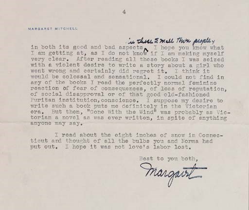 MITCHELL, Margaret (1900-1949). Typed letter signed ("Margaret") to the book reviewer and critic Herschel Brickell, Atlanta, 20 October 1937. 3 pages, small folio, single-spaced, on her stationery with name embossed in blue at top of each sheet, holograph postscript, usual folds, with stamped, addressed envelope.