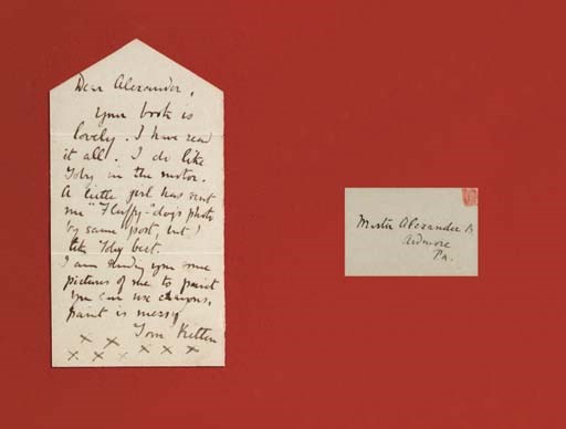 POTTER, Beatrix. Autograph letter signed ("Tom Kitten") addressed on address panel to "Mister Alexander B.  Ardmore  Pa..," n.p., [London], n..d., [20 January 1912]. 1 page, 78 x 42mm. (31/8 x 1¾ in), A MINIATURE LETTER, carefully cut by Potter into a rectangle with a triangular flap at top to simulate the sealing panel of an envelope , folding in thirds to 28 x 41mm (15/8 x 11/8 in.), the verso with address panel as above, and with small orange-red square (ink or crayon?) at top right to simulate a postage stamp. Fine.