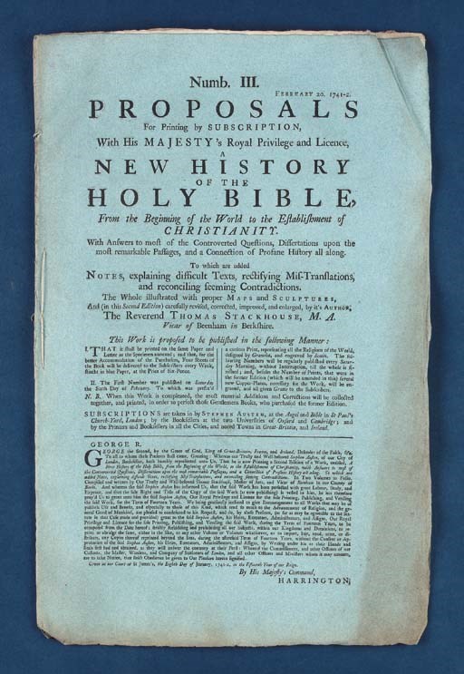 STACKHOUSE, Thomas.  A New History of the Holy Bible...second edition. Numbers I-XXIV and XXVI-XXVII [incomplete].  London: Printed for Stephen Austen, January 27 1741/42 - August 7, 1742.