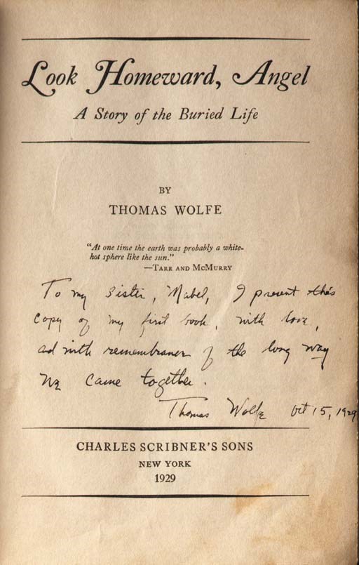 WOLFE, Thomas (1900-1938). Look Homeward, Angel. A Story of the Buried Life. New York: Scribner's 1929. 8o. Original black cloth (covers a little soiled, wear at ends of spine and three-forecorners, rear inner hinge broken, preliminary leaves a little soiled).