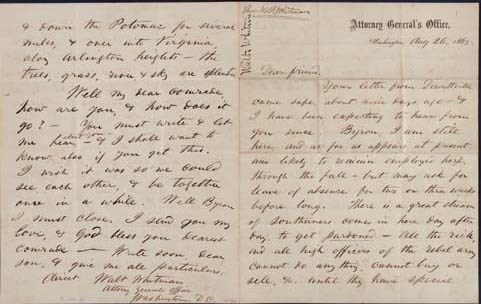 WHITMAN, Walt. Autograph letter signed ("Walt Whitman") to Charles Hine "artist," Brooklyn, 14 July [1860?]. 3 pages, large 8vo, neat repairs to folds, with original envelope addressed by Whitman.