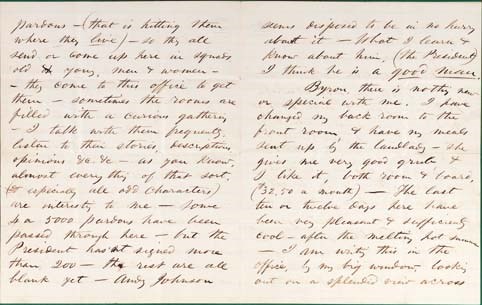 WHITMAN, Walt. Autograph letter signed ("Walt Whitman") to an unidentified correspondent (named "Byron," in the text), Washington, D.C., 26 August 1865. 4 pages, 4to, lined stationery with printed heading "Attorney General's Office, Washington," minor tear along central horizontal fold.