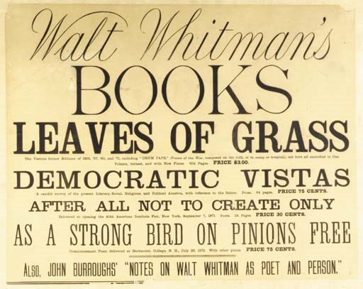 WHITMAN, Walt. Walt Whitman's Books. n.p., n.d. [1872]. Broadside (495 x 635 mm). (Trimmed with loss of border in all but the lower left corner, laid down, closed tear, browned.)