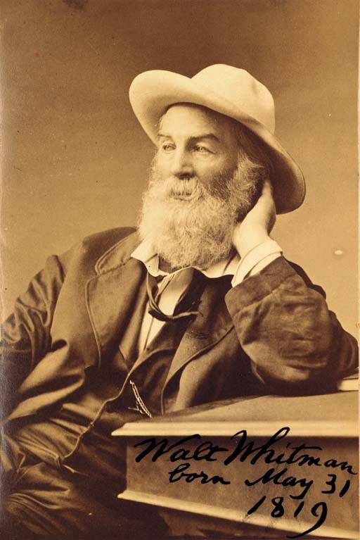 WHITMAN, Walt. Two Rivulets Including Democratic Vistas, Centennial Songs, and Passage to India. Camden, 1876. 8o. General and sectional title-pages and one leaf publisher's advertisement at end. Photographic frontispiece portrait of the author SIGNED AND DATED 1881. Original white half calf, marbled boards, yellow-coated endpapers (spine lacking, covers detached, shaken, worn). Provenance: Richard Hoe Lawrence (bookplate and note, see below).