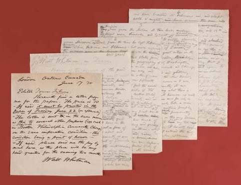 WHITMAN, Walt. Autograph manuscript of an article, "Walt Whitman in Denver," submitted to the Denver Tribune, a draft, with many corrections and revisions in text and marked for the printer (by Whitman). N.p. [Ontario, Canada], n.d. [17 June 1880]. 4 pages, 4to, in pencil on rectos only of four sheets of foolscap paper. Fine. -- WHITMAN, Walt. Autograph letter signed ("Walt Whitman") to "Editor Denver Tribune," Ontario, Canada, 17 June 1880. 1 page, small 4to.