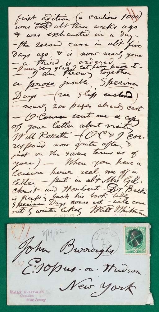 WHITMAN, Walt. Autograph letter signed ("Walt Whitman") to John Burroughs, Camden, 13 August [1882]. 2 pages, 8vo, with original stamped envelope addressed by Whitman. Fine.