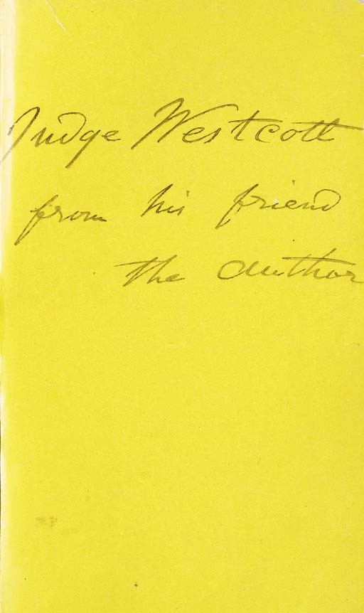 WHITMAN, Walt. Leaves of Grass. Camden, 1882. 8o. Two engraved portraits of Whitman. (Some foxing.) Original dark green cloth, yellow coated endpapers, t.e.g., others uncut (hinges cracked, inner hinges repaired with cloth tape, partially touching inscription at front, some soiling).