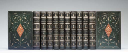 WHITMAN, Walt. The Complete Writings. New York: G.P. Putnam's, 1902. 10 volumes, large 8o. Ten frontispieces and five plates, each in three states. Original green morocco, elaborately gilt with red, white and black floral morocco onlays, t.e.g., others uncut; velvet doublures and linings.