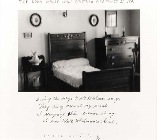 MICHALS, Duane. The Room Where Walt Whitman Died. March 26, 1892. Gelatin silver print depicting Whitman's deathbed, signed by Michals and numbered 2/25, image 152 x 225 mm, titled in ink at head and inscribed beneath the image: "I sing the songs What Whitman sang,  They ring around my mind.  I recognize his cosmic slang.  I am Walt Whitman's kind." Framed (unexamined out of frame).