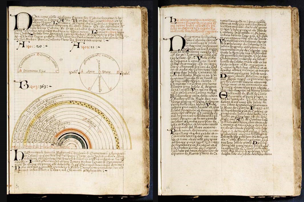 COLUMBUS, CHRISTOPHER. -- BERNARDUS ALBINGAUNENSIS. Dialogo nuperrime edito Genue in 1512. Contiene sotto compendio ... tutti li circuli et sphere celeste ...i quattro elementi e cosse a lorol pertinente ... le cita principue de tutto lo orbe ... hore equale et inequale et como se augmentano et minuiscono soi di et nocte ... che distantia sera tra oppido et oppido in miliari ... Nota quo modo et personis uersus mare indicum reperta fuerint nauigatio. Et que insule alias incognite inuente fuerint a Genuensi Columbo. Necnon et terra firma nostrorum antecessorum nemini cognita ..., in Italian. AUTOGRAPH MANUSCRIPT ON PAPER. Monterossa al Mare (near Genoa), Benedictine monastery of Mary Magdalene, 10 February-15 April 1512