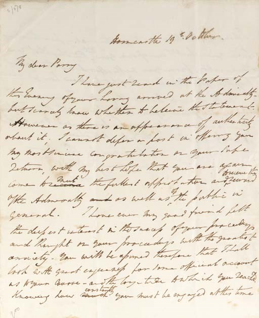 FRANKLIN, Sir John. Autograph letter signed ("John Franklin") to fellow arctic explorer WILLIAM EDWARD PARRY, Horncastle, 19 October [1823]. 1½ pages, 4to, integral address panel laid down on card, with several losses not affecting text, several brown spots and discoloration at the sheet edges.