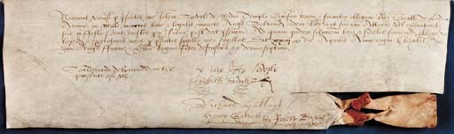 HAKLUYT, Richard (1552-1616). Document signed ("Richard Hakluyt"), countersigned by John Savile (1556-1630, later First Baron Savile of Pontrefact), Henry Garnett (1555-1606, the noted Jesuit, executed 1606), Robert Brygges and others, text in a small English court hand with attractively flourished capitals, n.p., 23 April, [1575]. 2 pages, a narrow oblong, 83 x 274mm., on parchment, a small strip at lower left with traces of original seal affixed, neatly hinged in a custon-fitted sunken mount with recess for seal, finely bound in black morocco gilt, g.e., by Riviere & Son, recto in Latin, verso in English.