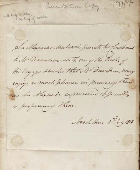 MACKENZIE, Alexander (1764-1820). Voyages from Montreal, on the River St. Laurence, through the Continent of North America, to the Frozen and Pacific Oceans; in the Years 1789 and 1793. London: T. Cadell et al, 1801.