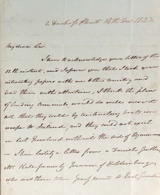 ROSS, John. Autograph letter signed ("John Ross") to Captain George William Manby, [London], 14 December 1833. 2½ pages, with original red wax seal.