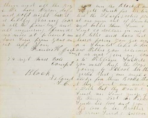 [CIVIL WAR, AFRICAN AMERICAN TROOPS]. JACKSON, Francis, H. Private, 54th Massachusetts Colored Infantry. Autograph letter signed to his father, Black Island, S.C., October 1864. 3 pages, 8vo, on lined paper, minor spotting, otherwise in good condition.