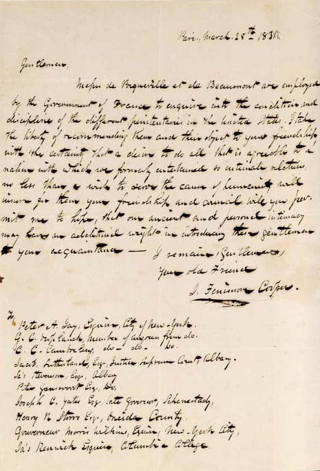 COOPER, James Fenimore (1789-1851). Autograph letter signed ("J. Fenimore Cooper"), to Peter Augustus Jay and 10 other important New Yorkers, Paris, France, 28 March 1831. 1 page, 8vo, neatly tipped to larger sheet.