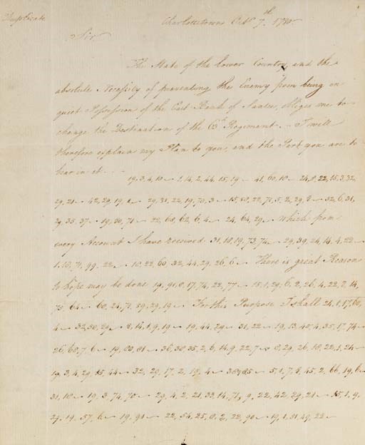 CORNWALLIS, Charles, Lord (1738-1805), Major General, British Army. Letter signed ("Cornwallis") to Major Wemyss, 63rd Regiment of Foot in Camden, the letter PARTLY IN A BRITISH ARMY NUMERIC CIPHER, Charleston, South Carolina, 7 October 1780. 4 pages, 4to. Fine condition. -- Manuscript key to Cornwallis's numeric cipher, in an unknown hand, comprising a table headed "Cypher," listing numeric substitutions for the 26 letters of the alphabet, and with careful directions for the use of the cipher on the verso. 2 pages, 4to. -- A transcription of the body of Cornwallis's letter, undated, but evidently from the early 19th century. 1 page, 4to. -- A cover sheet, labeled "Autograph letter of Lord Cornwallis, in Cypher," n.d.. 2 pages, 4to. Together four items.