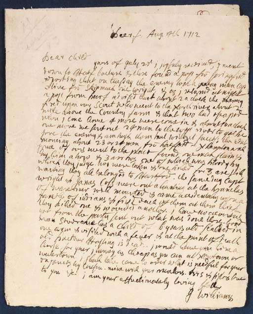 [DEERFIELD MASSACRE, WILLIAMS FAMILY]. An extensive collection of letters of various members of this family, who played a central role in the Deerfield Massacre, 1704. Together 32 items.